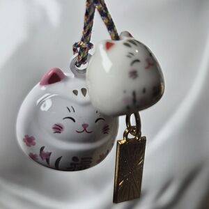 Charming White and Pink Cat Charm With Bell